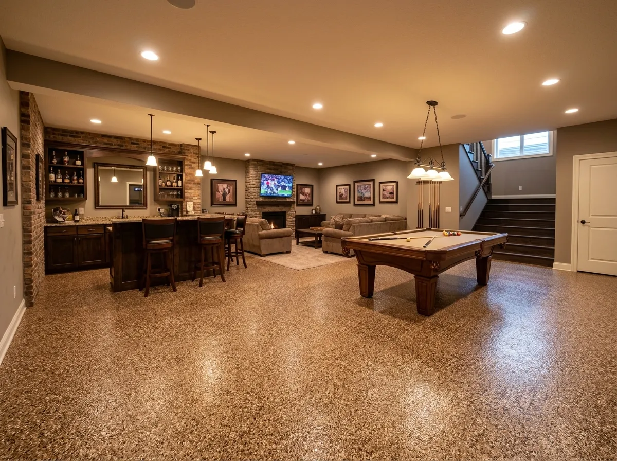 Basement entertainment room with decorative floor coating