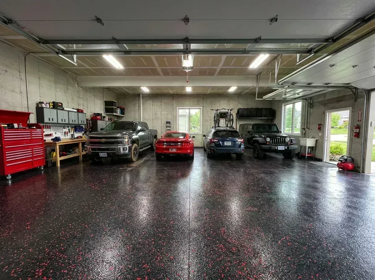 Four-car garage with dark charcoal and red flake coating