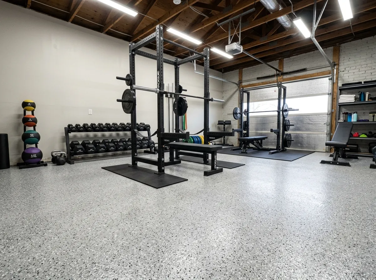 Home gym with durable polyaspartic floor coating