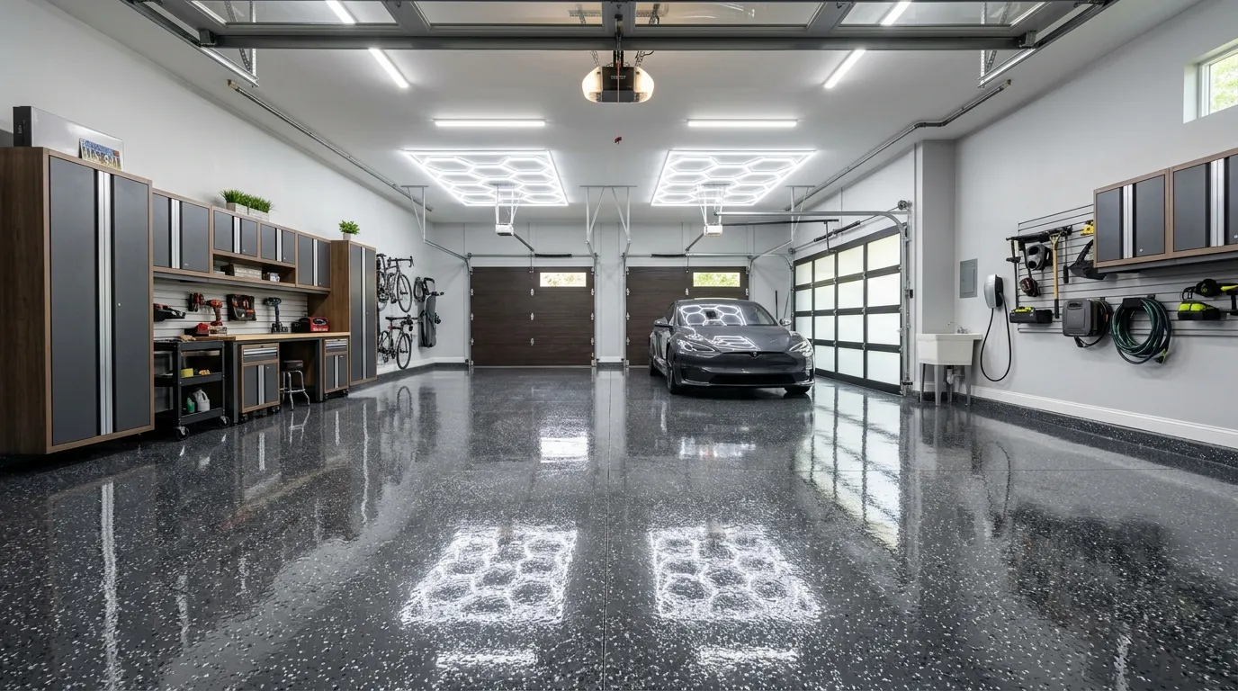 Stunning polyaspartic garage floor coating with decorative flake finish